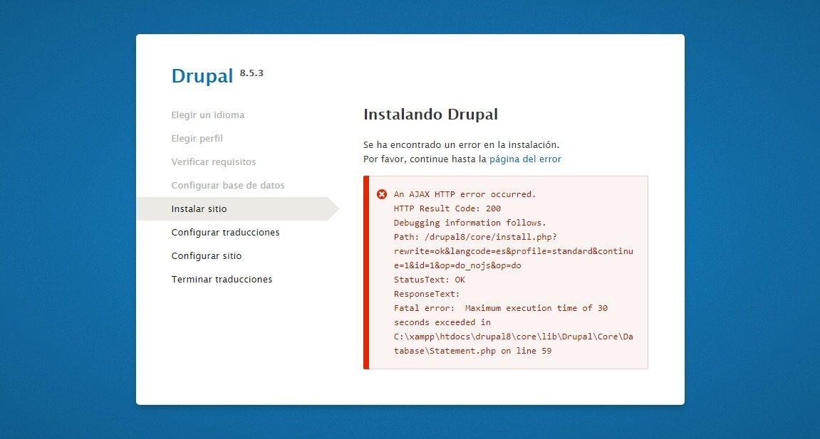 fatal error: maximum execution time of 30 seconds exceeded in c:\xampp\htdocs\drupal\core\lib\drupal\core\database\statement.php on line 59 drupal